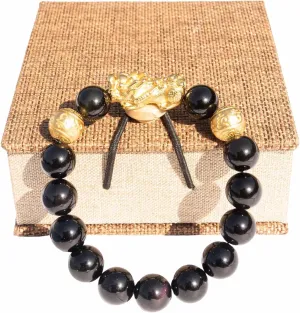 Bracelet stitch crimp floodplain Dragon Protection for Men Women, Meditation Prayer Beads Bracelets Meaning to Attract Wealth and Good Luck(12mm) 24K Gold Plated PiXiu Dragon Bracelet Feng Shui Bracelet, Obsidian 