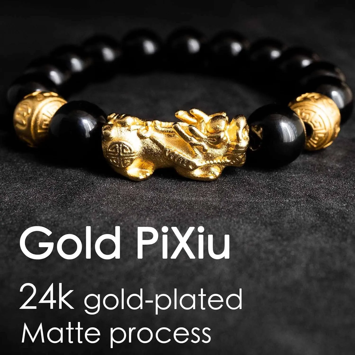 Bracelet stitch crimp floodplain Dragon Protection for Men Women, Meditation Prayer Beads Bracelets Meaning to Attract Wealth and Good Luck(12mm) 24K Gold Plated PiXiu Dragon Bracelet Feng Shui Bracelet, Obsidian 