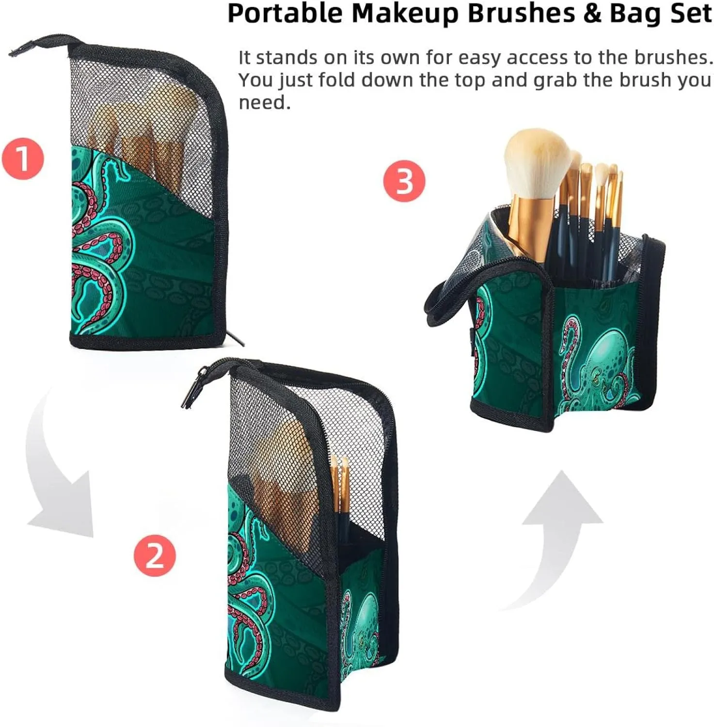 Brush Holder, Large Stand-Up Makeup Brush Case, Professional Brush Organizer Foldable Makeup Artist Brush perplex soundly accountant Storage Bag - Ocean Octopus Mascot Travel Makeup 