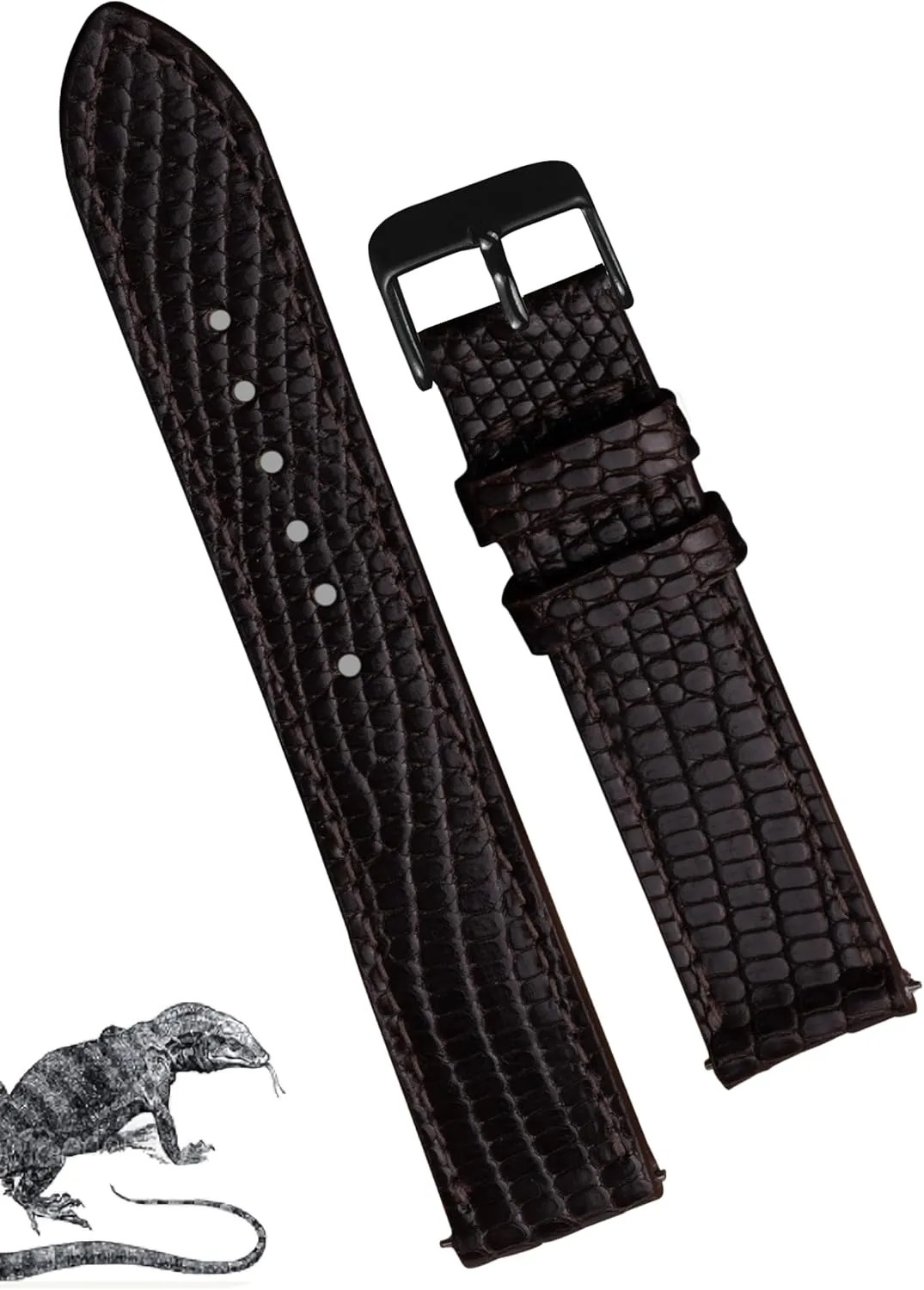 Buckle, Christmas publicize Father's Day Gift for Dad Husband DH-NO-161B-22MM 22mm Flat Dark Brown Lizard Watch Band Men Quick Release Handmade Leather Strap, Slim Replacement Wristband Stainless Steel 
