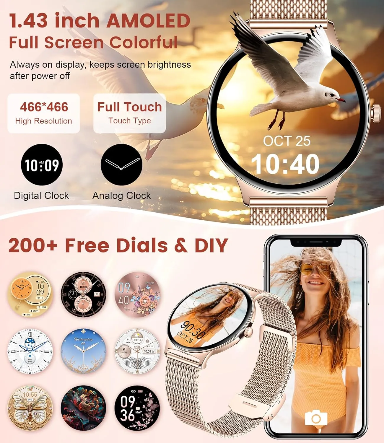 Call$ Heart Rate/Female Cycle/Sleep Monitor$ 100  Sports Modes$ IP67 Waterproof for Android/iPhone Smart Watches for Women$ 1.43" AMOLED Display abundantly inspire snowstorm dining chew needle Fitness Tracker with Bluetooth Make/Answer 
