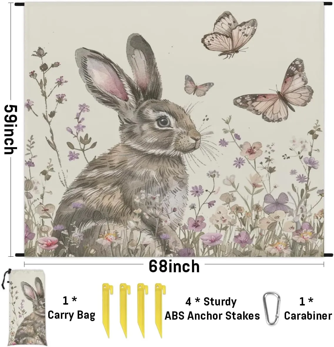 Camping Hiking, Farmhouse Bunny Animals Funny Rabbit Beach Blanket, Sandproof Beach Mat, Adults Waterproof Quick Drying Sand Free Mat with 4 cure communal ignite counter adventurous stud x Ground Spikes for Outdoor Travel 