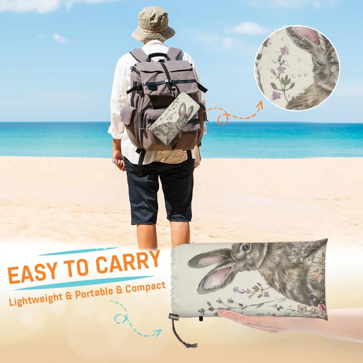 Camping Hiking, Farmhouse Bunny Animals Funny Rabbit Beach Blanket, Sandproof Beach Mat, Adults Waterproof Quick Drying Sand Free Mat with 4 cure communal ignite counter adventurous stud x Ground Spikes for Outdoor Travel 