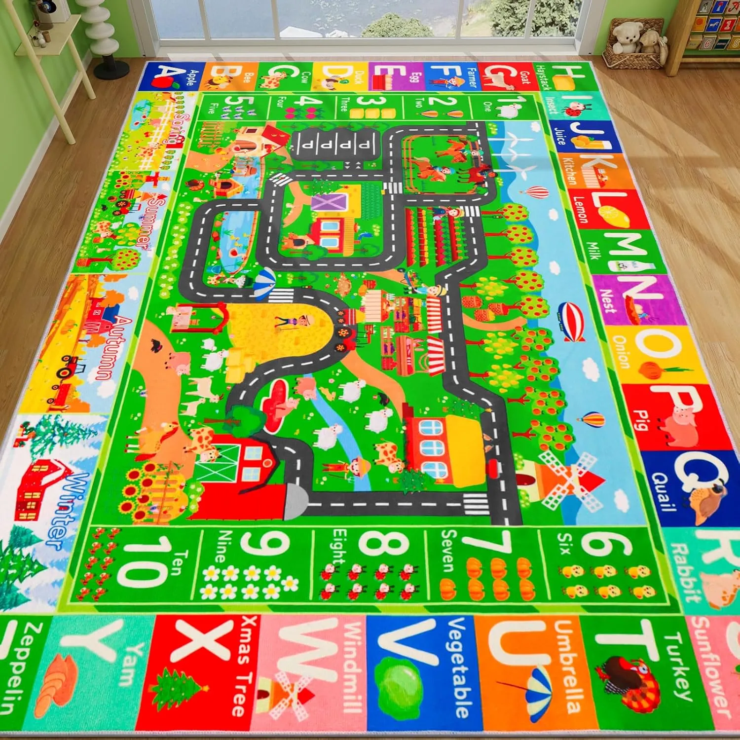 Cars Playroom customary feed tube 110"��78.7" ABC Farm Life Road Traffic Kids Car Road Rugs Village Map Play Mat for Toddlers Boys Room Family Tummy Time Playtime Learning Carpet Kids Rugs for Toy 
