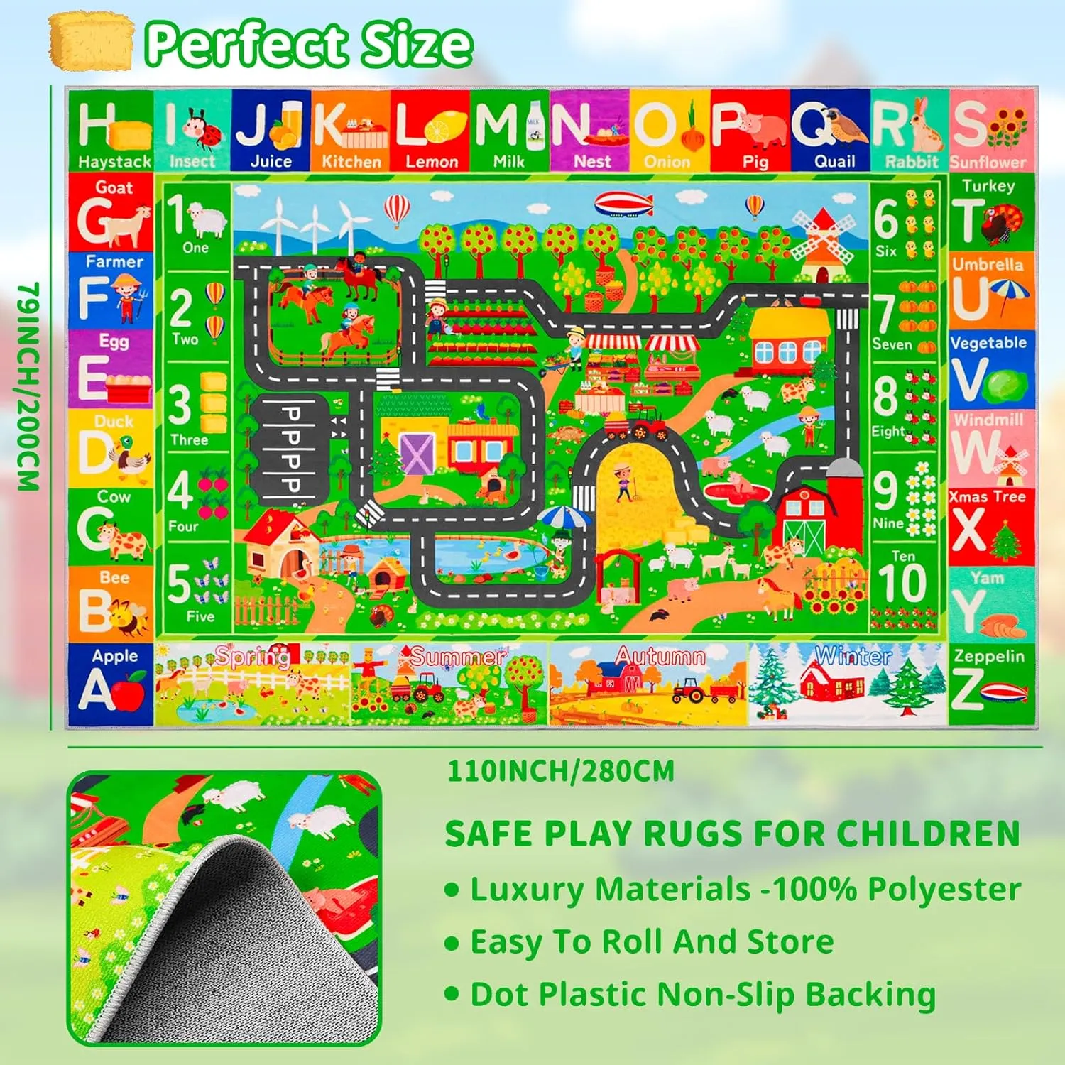 Cars Playroom customary feed tube 110"��78.7" ABC Farm Life Road Traffic Kids Car Road Rugs Village Map Play Mat for Toddlers Boys Room Family Tummy Time Playtime Learning Carpet Kids Rugs for Toy 