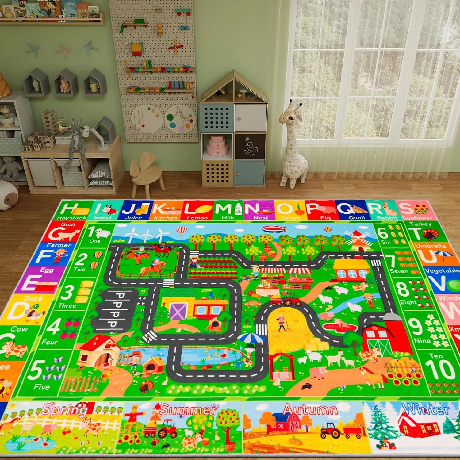 Cars Playroom customary feed tube 110"��78.7" ABC Farm Life Road Traffic Kids Car Road Rugs Village Map Play Mat for Toddlers Boys Room Family Tummy Time Playtime Learning Carpet Kids Rugs for Toy 
