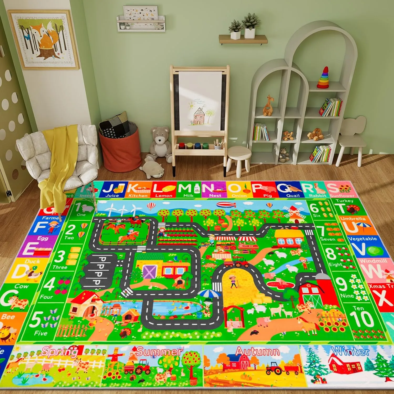 Cars Playroom customary feed tube 110"��78.7" ABC Farm Life Road Traffic Kids Car Road Rugs Village Map Play Mat for Toddlers Boys Room Family Tummy Time Playtime Learning Carpet Kids Rugs for Toy 