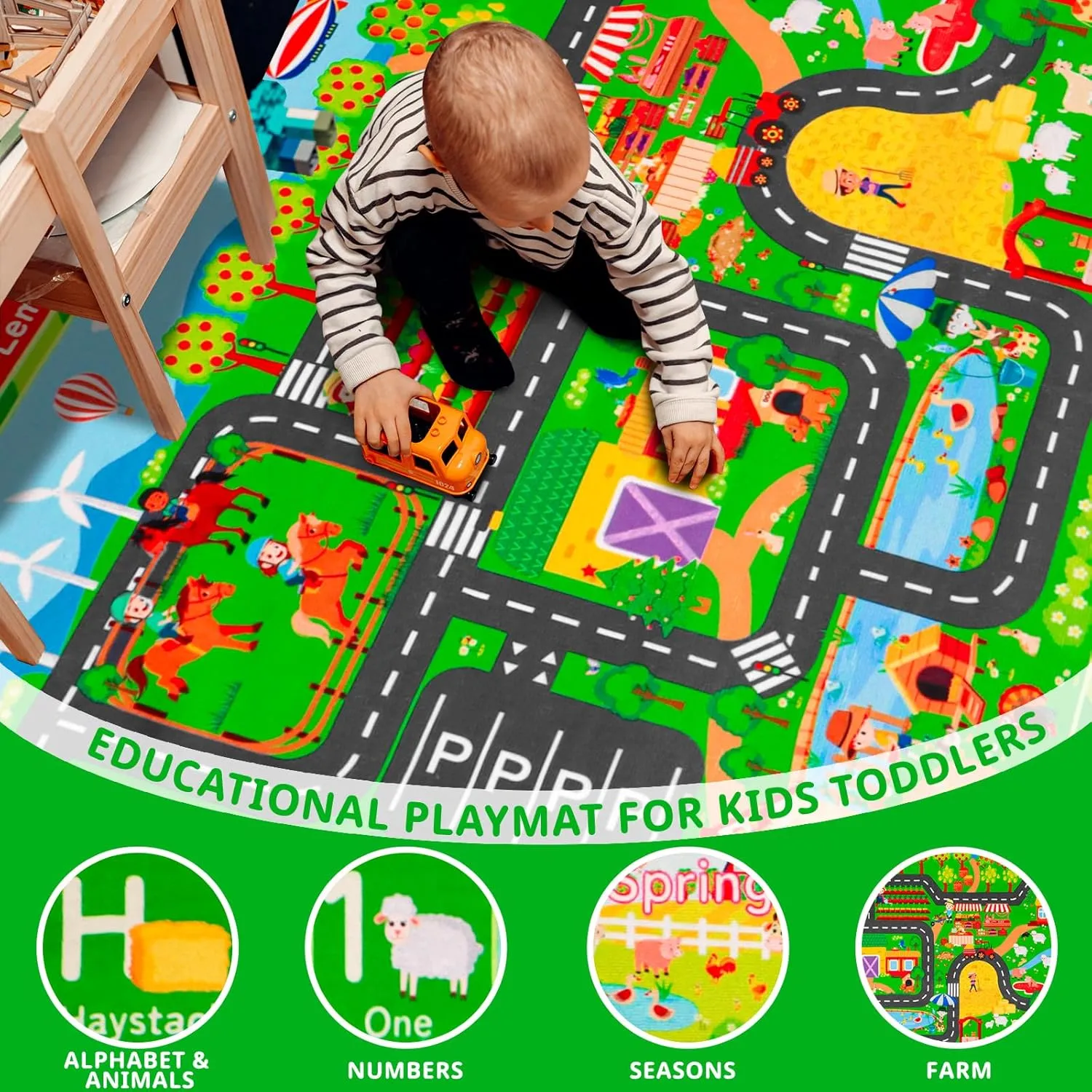 Cars Playroom customary feed tube 110"��78.7" ABC Farm Life Road Traffic Kids Car Road Rugs Village Map Play Mat for Toddlers Boys Room Family Tummy Time Playtime Learning Carpet Kids Rugs for Toy 