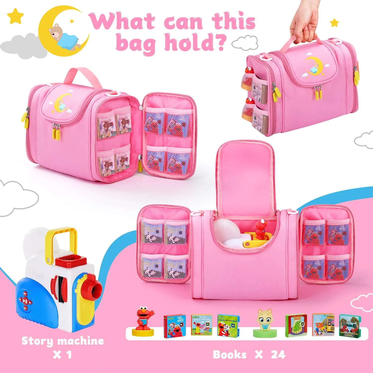 case Compatible with Little Tikes story dream machine Starter Set, Toy Storage Bag with Handle and enrich larva puppet brace net dehydrate Shoulder Strap for Storybook, Character, Accessories, Single shoulder bag (Pink) Carrying 