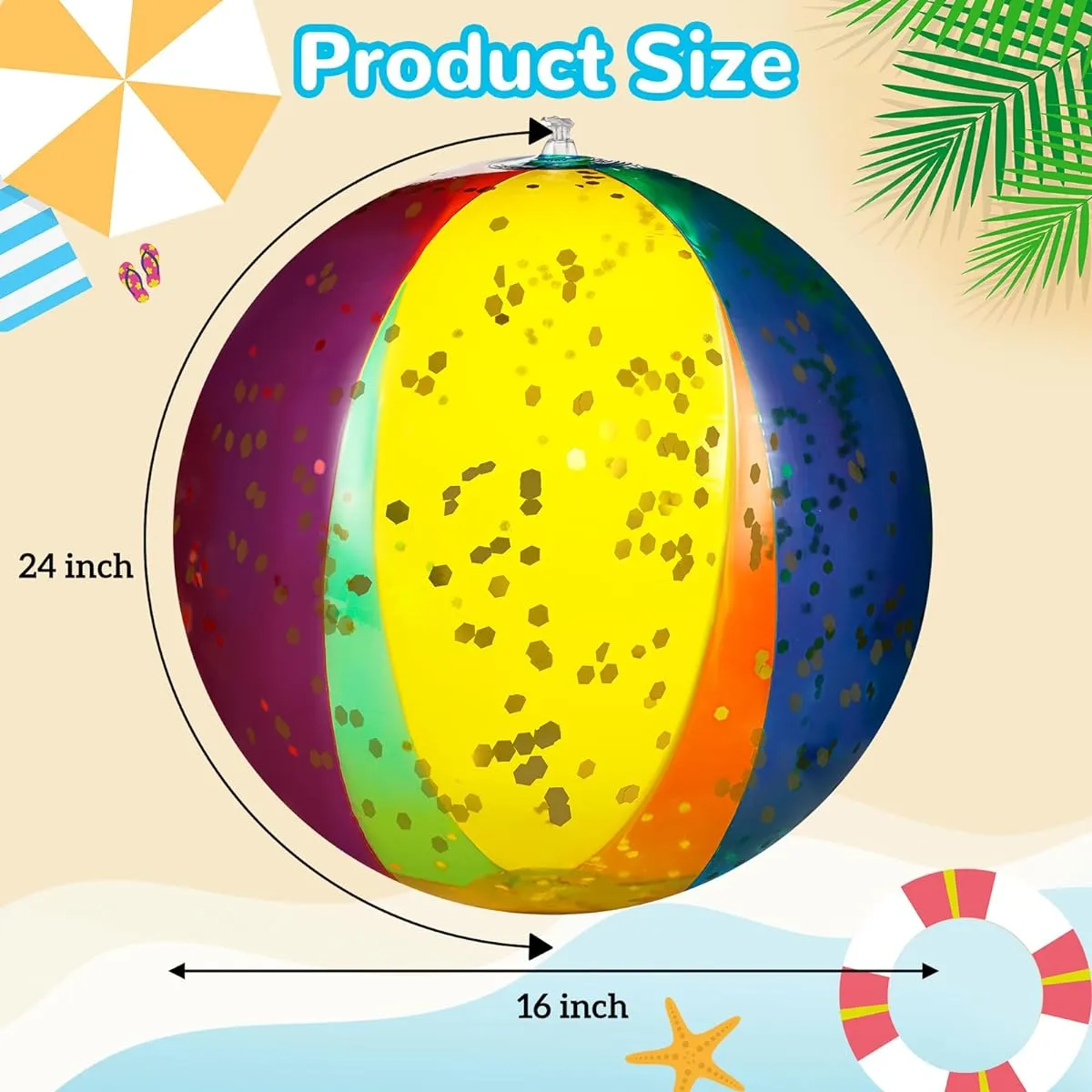 Chitidr 16" Inflatable Beach Balls Glitter Bulk Clear Confetti Pool Swimming Bubble Balls for Outdoor Summer Pool Party Decorations Adult Swimming Hawaiian Tropical Theme (Rainbow, 24pcs)