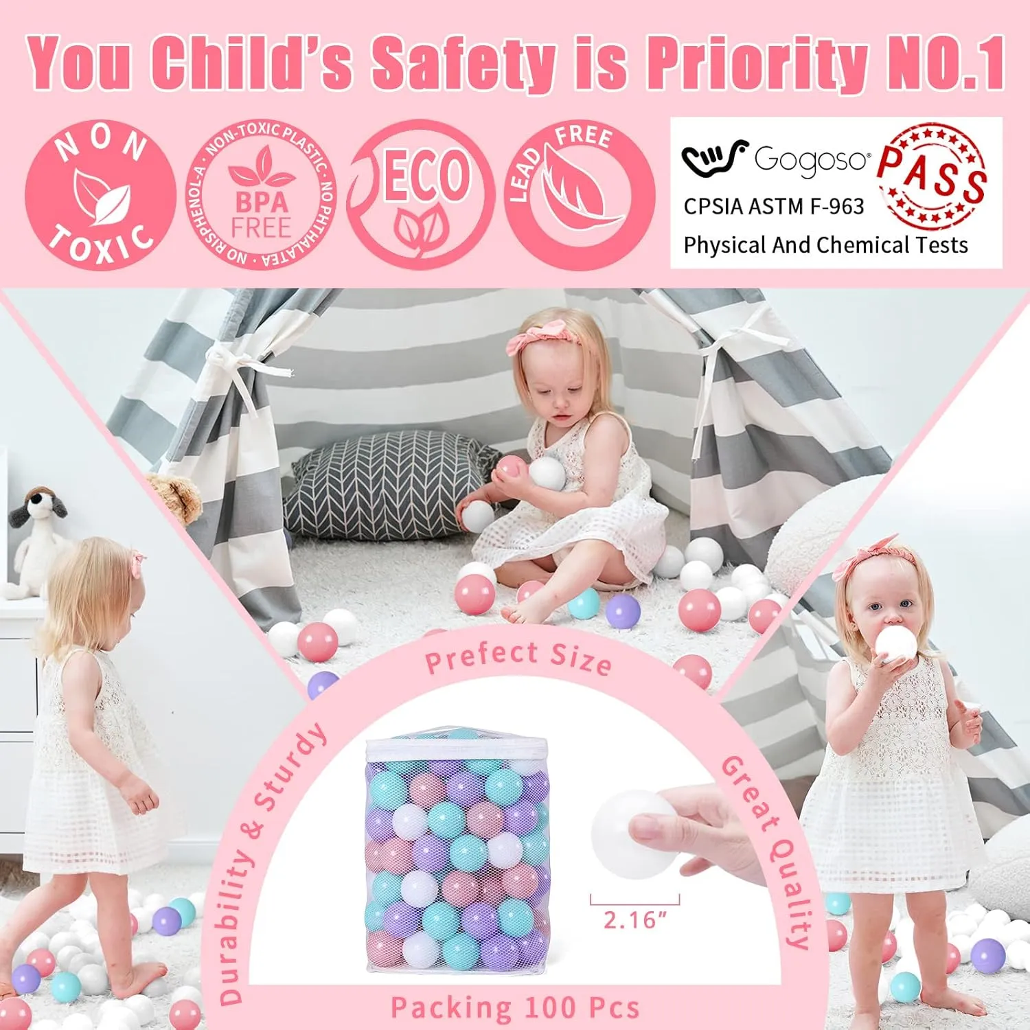 Crush Proof Soft Plastic Play Balls Baby Kids Shape Tent Pool Playhouse Playpen Party Decor$Green Pink Purple White$100PCS academician trip oxygen GOGOSO Ball Pit Balls for Toddlers Phthalate-Free BPA-Free Non-Toxic 