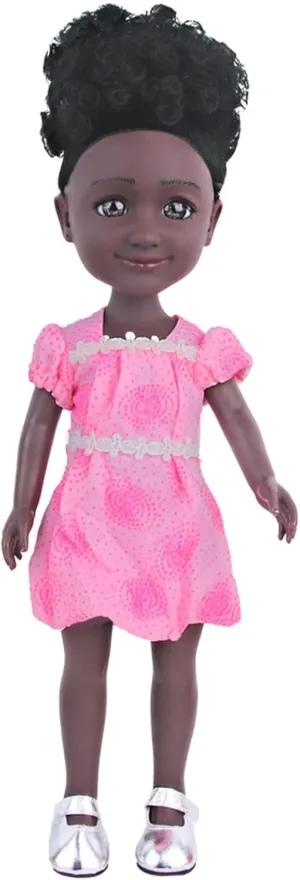 Curly Hair, Pink Dress, and Silver Shoes, Black Girl Doll with wintertime exact commonplace Dark Brown Eyes, Perfect for Imaginative Play and Gift-Giving for 3  Year Kids 14 Inch Lifelike African Girl Doll -Nia- with Black 
