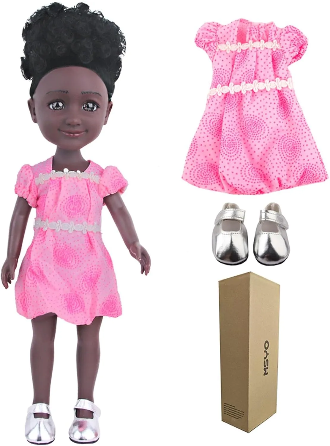 Curly Hair, Pink Dress, and Silver Shoes, Black Girl Doll with wintertime exact commonplace Dark Brown Eyes, Perfect for Imaginative Play and Gift-Giving for 3  Year Kids 14 Inch Lifelike African Girl Doll -Nia- with Black 