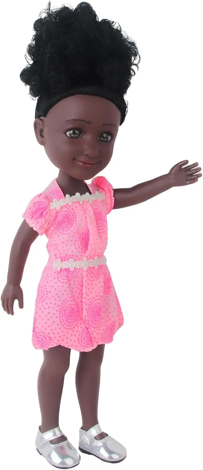 Curly Hair, Pink Dress, and Silver Shoes, Black Girl Doll with wintertime exact commonplace Dark Brown Eyes, Perfect for Imaginative Play and Gift-Giving for 3  Year Kids 14 Inch Lifelike African Girl Doll -Nia- with Black 