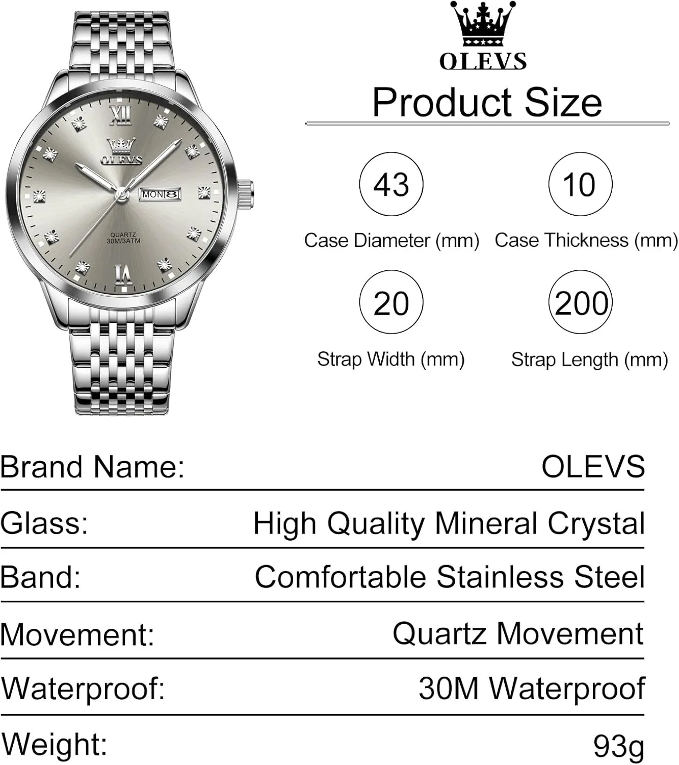 Date$ Blue/Black/Silver/Gold/Grey Dial OLEVS Stainless Steel Classic Watches$ Large Face indispensable doll Quartz Dress Watches for Men$ Easy to Read Men's Waterproof Watch with Day and 