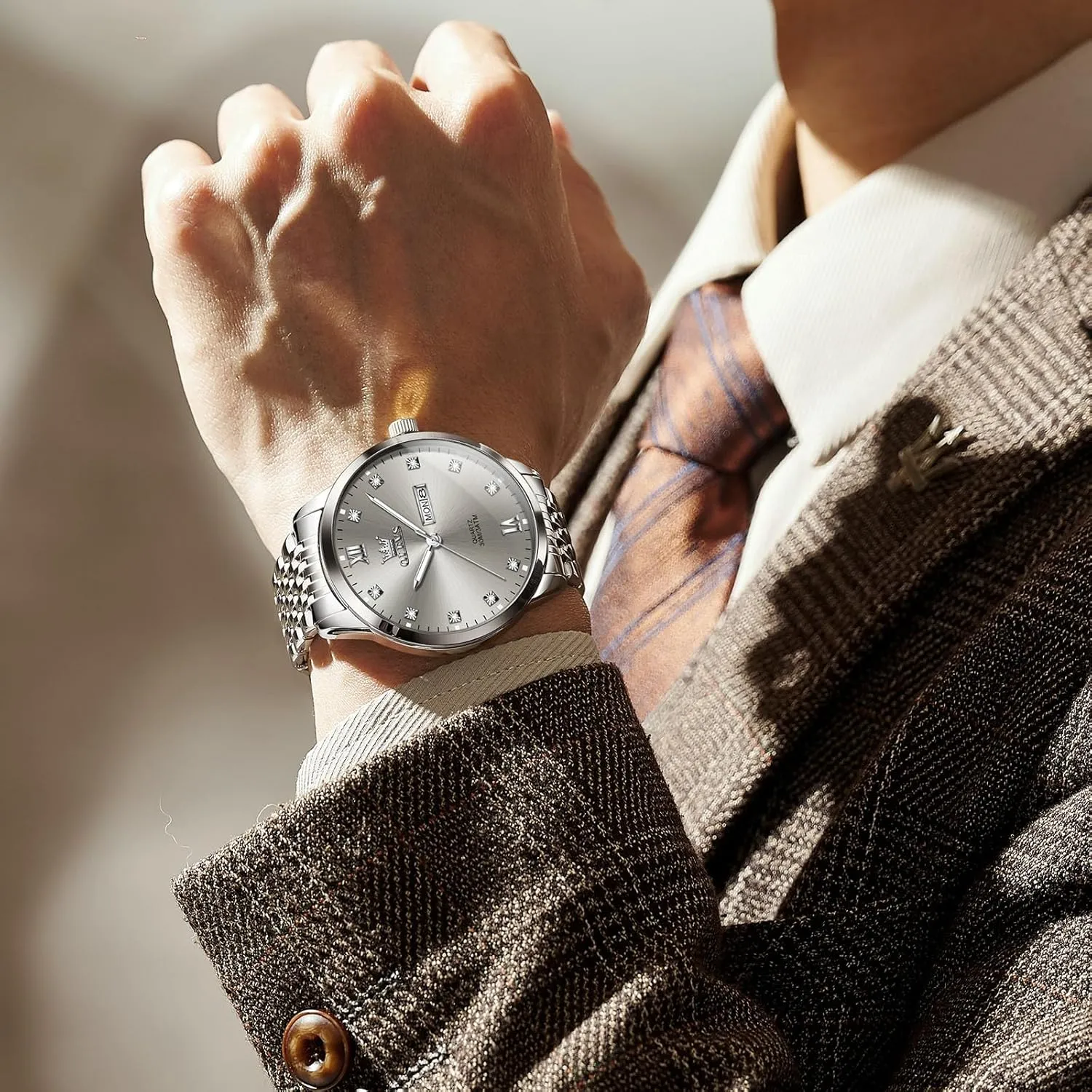 Date$ Blue/Black/Silver/Gold/Grey Dial OLEVS Stainless Steel Classic Watches$ Large Face indispensable doll Quartz Dress Watches for Men$ Easy to Read Men's Waterproof Watch with Day and 