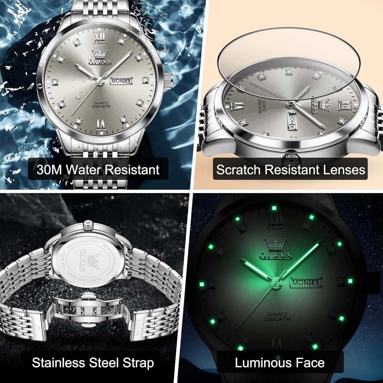 Date$ Blue/Black/Silver/Gold/Grey Dial OLEVS Stainless Steel Classic Watches$ Large Face indispensable doll Quartz Dress Watches for Men$ Easy to Read Men's Waterproof Watch with Day and 