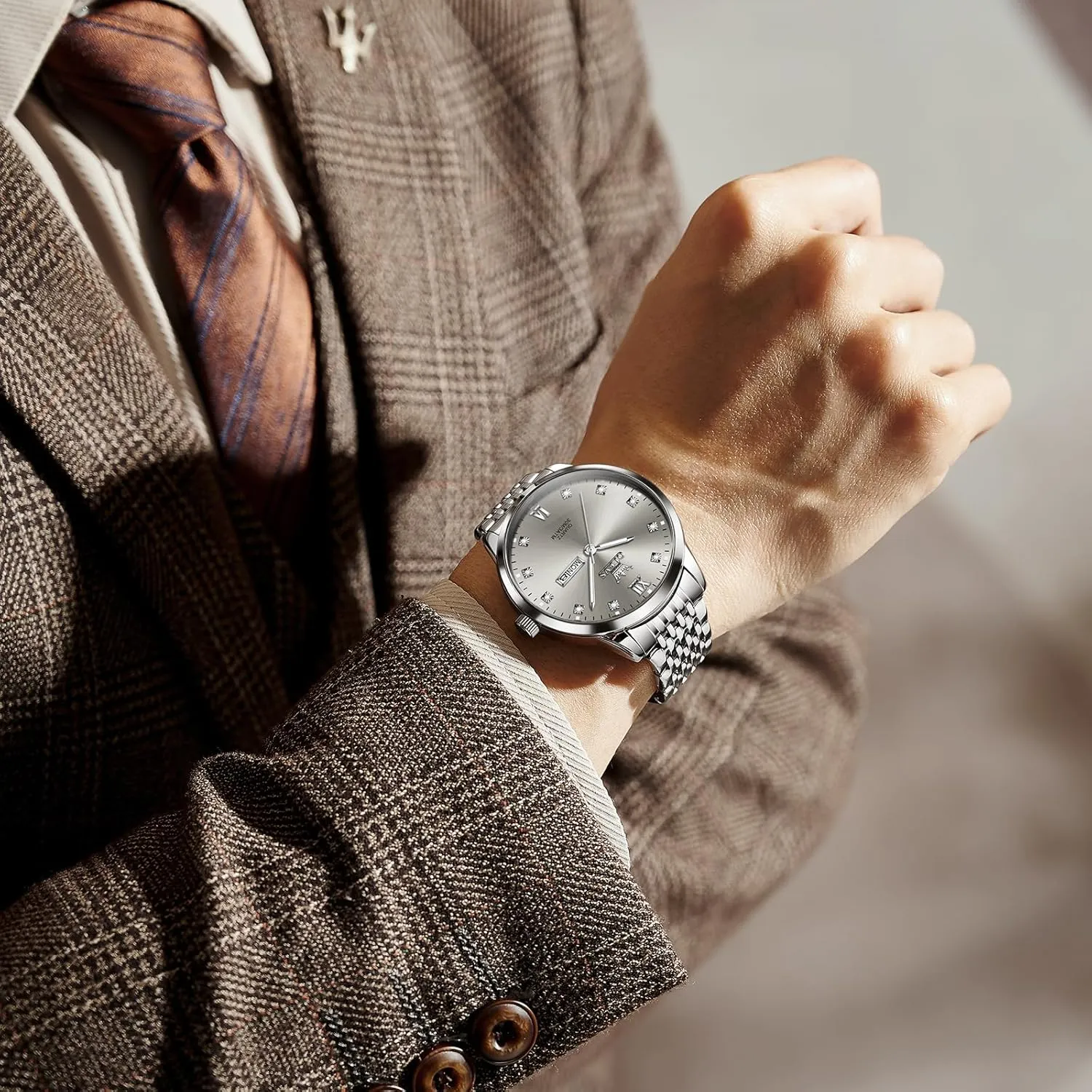 Date$ Blue/Black/Silver/Gold/Grey Dial OLEVS Stainless Steel Classic Watches$ Large Face indispensable doll Quartz Dress Watches for Men$ Easy to Read Men's Waterproof Watch with Day and 