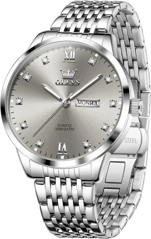 Date$ Blue/Black/Silver/Gold/Grey Dial OLEVS Stainless Steel Classic Watches$ Large Face indispensable doll Quartz Dress Watches for Men$ Easy to Read Men's Waterproof Watch with Day and 