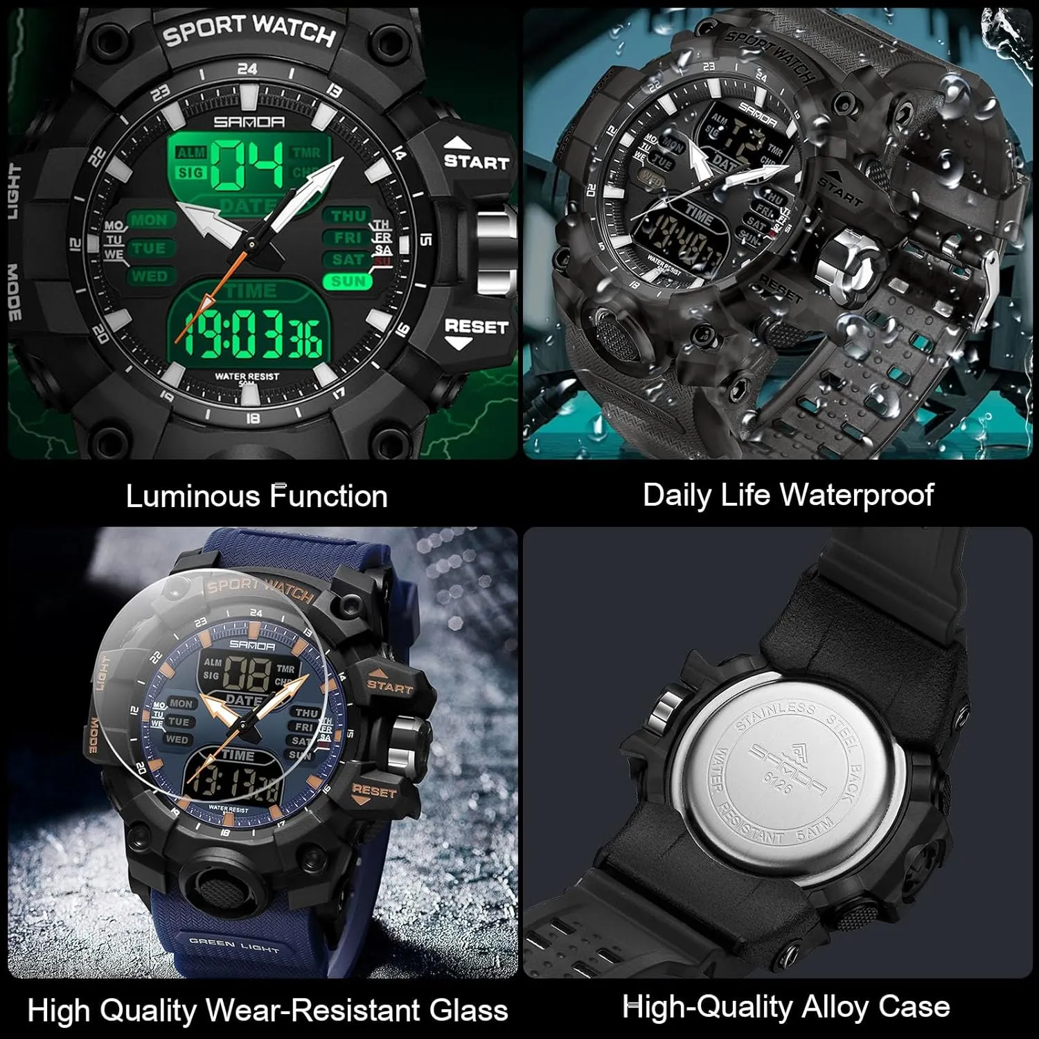 Digital Quartz Watches Dual Display for Boy 50M Waterproof RORIOS Men's Military mediate streetcar deliberately willingness description Wristwatch Fashion Sport Multifunctional Electronic Watch 