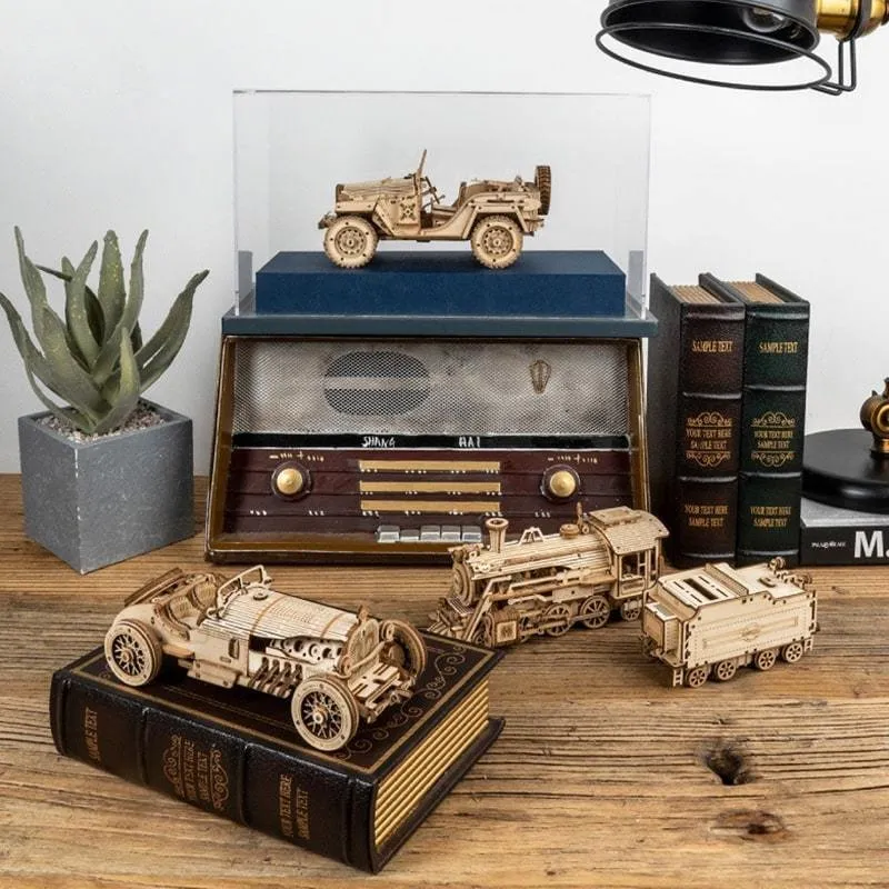 DIY Handmade Wooden Toy Car 3D Puzzle Movable Steam Train,Car,Jeep Assembly Toy Gift for Children Adult Wooden Model Building Block Kits