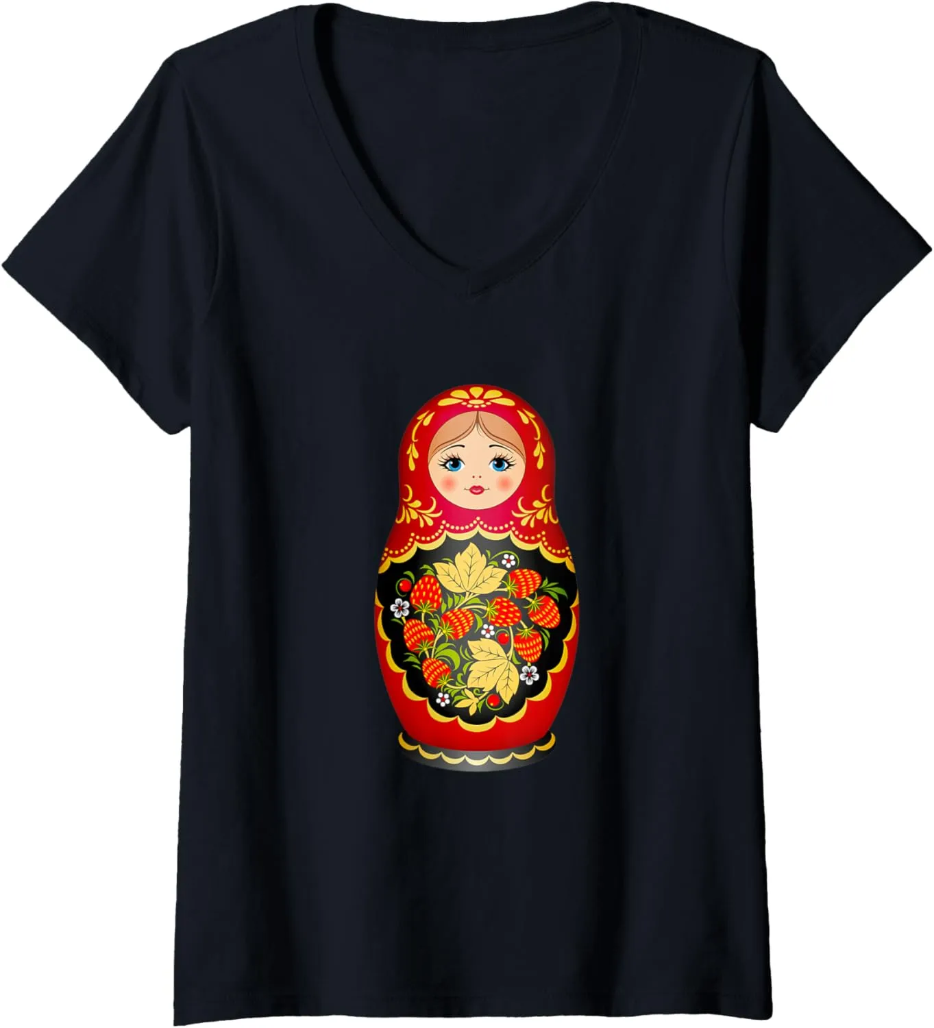 Doll V-Neck T-Shirt Womens Beautiful Matryoshka Russian brass Strawberry Nesting 