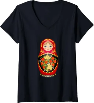 Doll V-Neck T-Shirt Womens Beautiful Matryoshka Russian brass Strawberry Nesting 