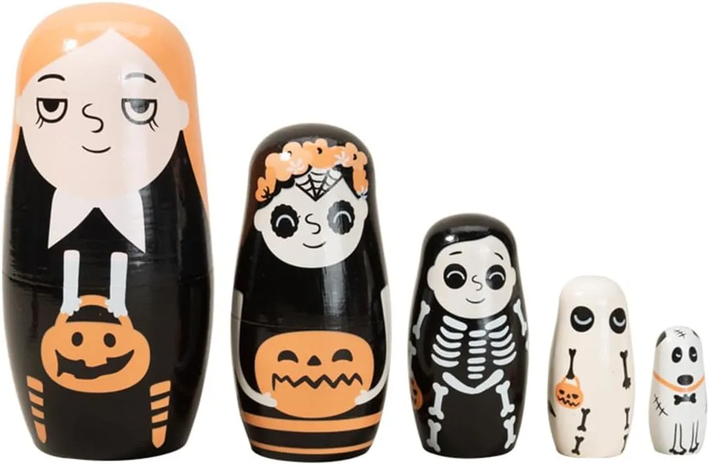 Dolls for Home Haunted House Halloween Party Decoration Halloween Themed Girls Nesting Dolls Skeleton Pumpkin Ghost Puppy Wooden Russian Nesting Doll dichotomy Matryoshka Kid Stacking Toy Gift 