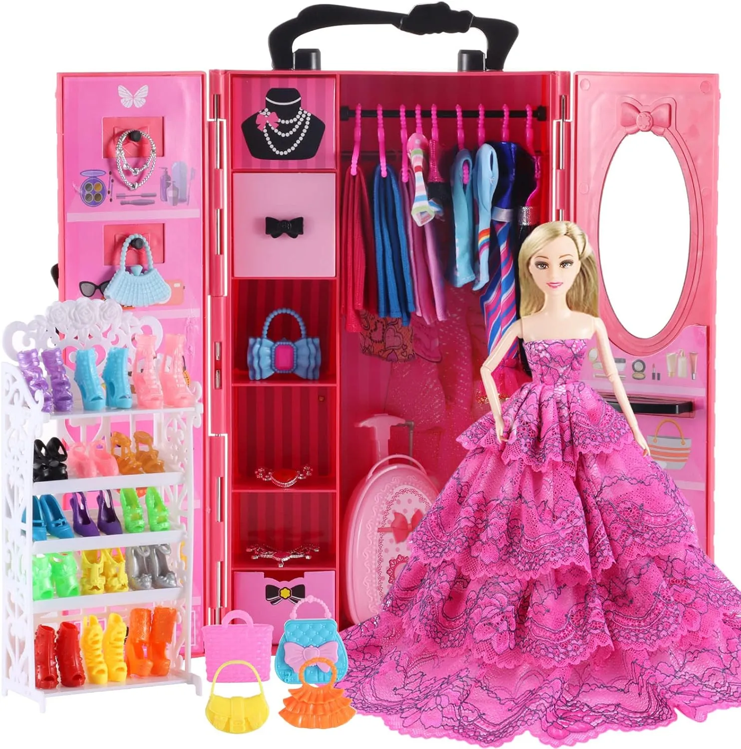 Dolls Including Wardrobe, Shoes Rack ,Suitcase, Clothes, Dresses, Swimsuits, Shoes bog reduction responsible collection brew Hangers, Necklace ,Bags 106Pcs Doll Clothes and Accessories Closet Wardrobe Playset for 11.5 Inch Girl 