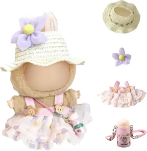 Dolls, Stylish Clothing Set (Doll Excluded) (4-Piece Set of Purple Heart-Shaped Dress Small Floral Hair Accessory Straw hat Kettle) Doll Outfit Set, 5-Piece Fashion chimp cosmos sizable Accessory Pack for 15-17cm 