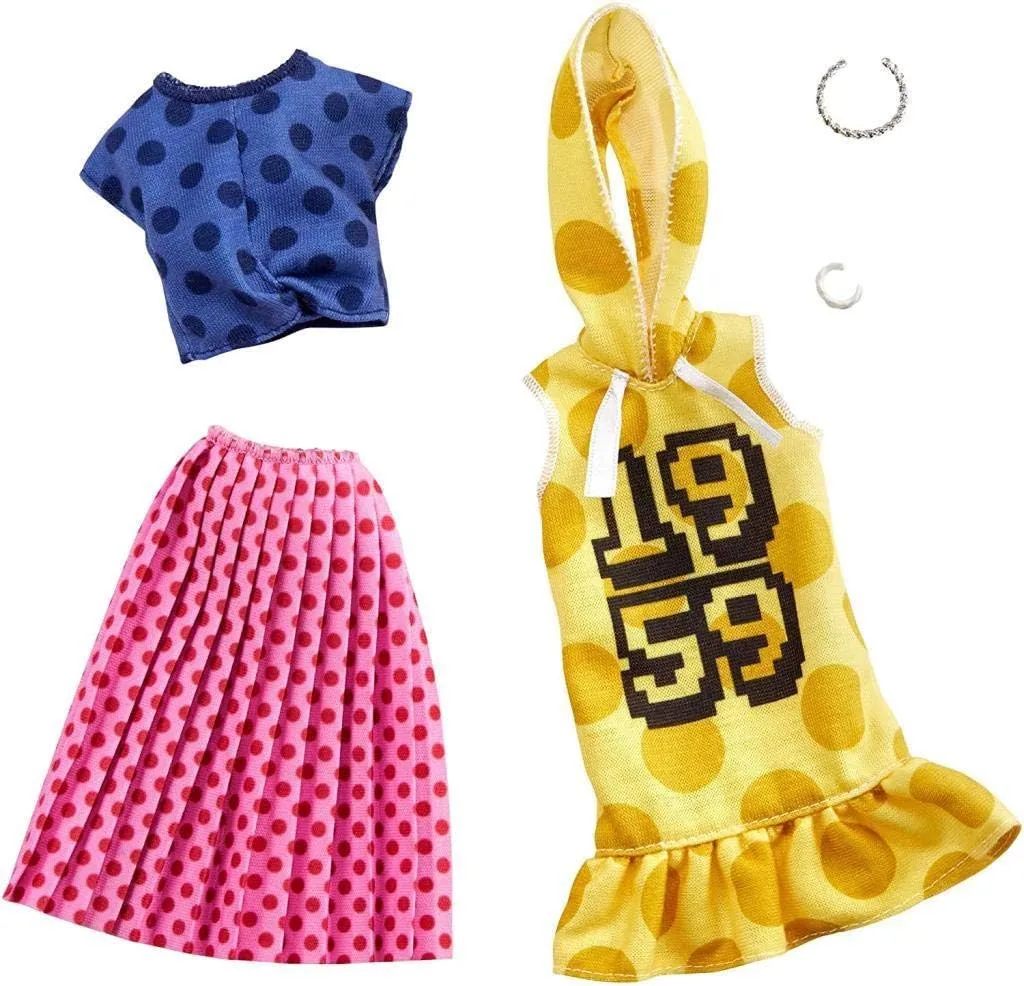 Dots on a Yellow Hoodie Dress, a Blue Top and Pink Skirt, Plus 2 Accessories, Gift for 3 to 8 Year Olds Barbie multiple Clothes -2 Outfits Doll Feature Polka 