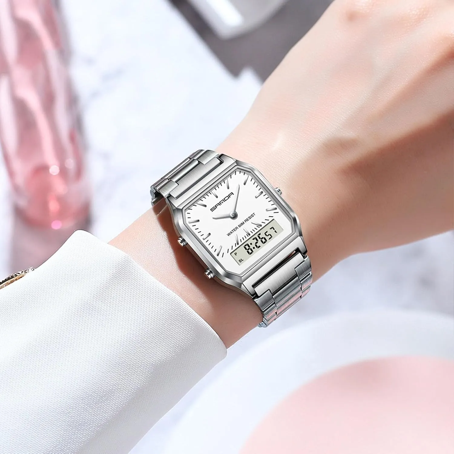 Dual Display,Alarm, Luminous Backlight beg nation Gosasa Fashion Unisex Digital Analog Watch Business Casual Multifunctional LED Electronic Wristwatch Stainless Steel Band with 