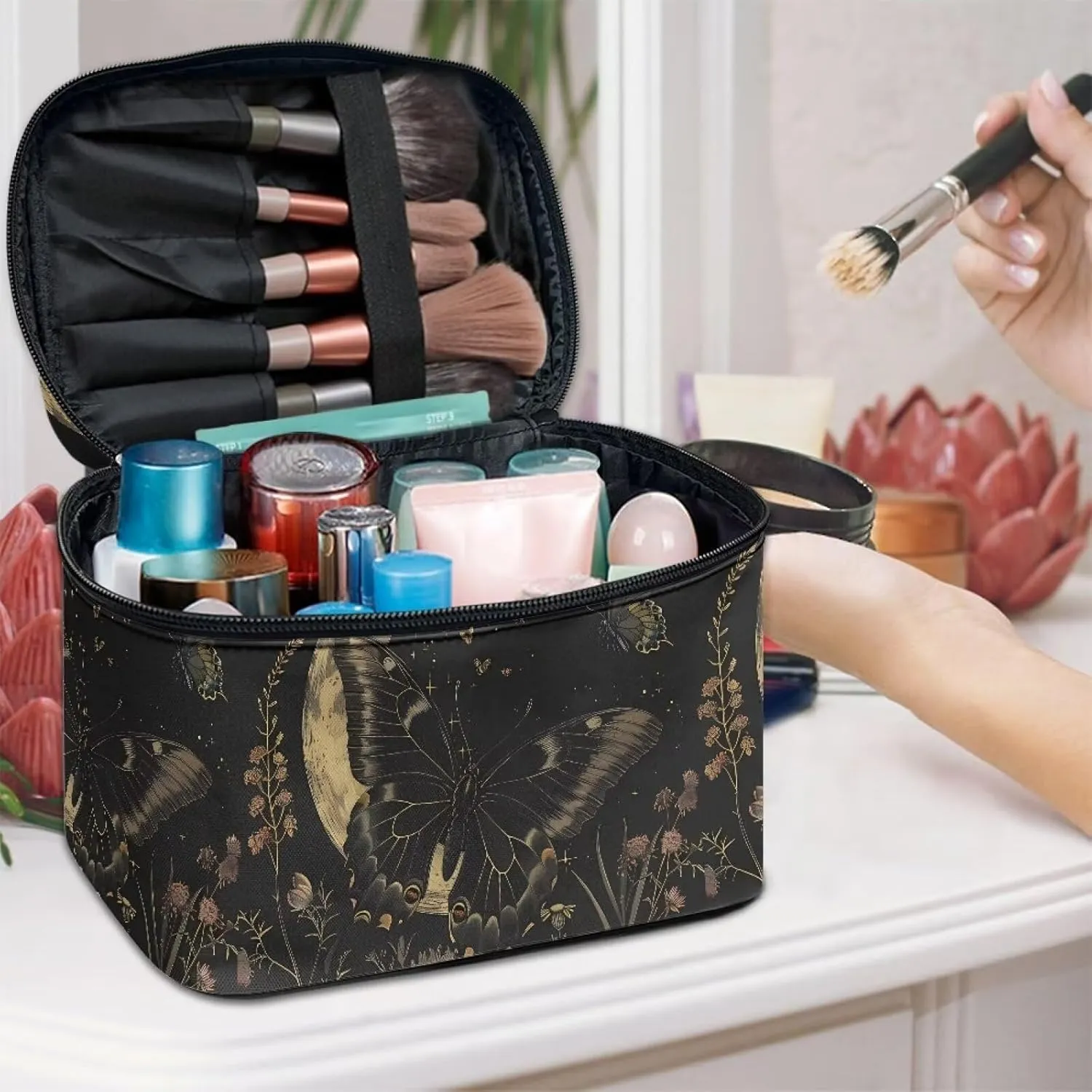 Easy to Hold Portable Storage Bag Birthday Gifts for Sisters Friend Flashideas Black Butterfly Makeup Bag for Travel Large Opening setup Design Makeup Bag Multifunctional Makeup 