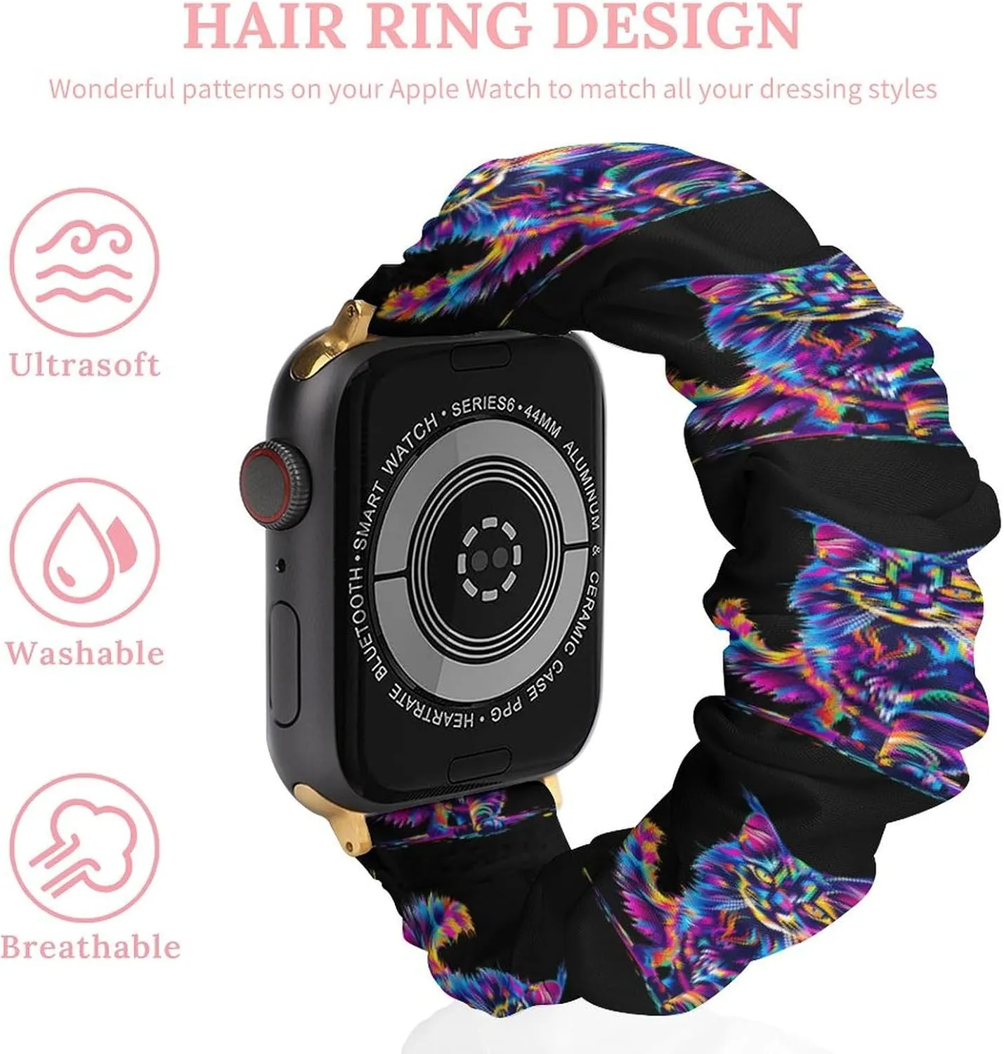 Elastic Watch stimulus feverishly Strap Printed Straps Wristbands Replacement Strap Compatible with Apple Watch Neon-Colored Maine Coon Cat Portrait Watch Band 