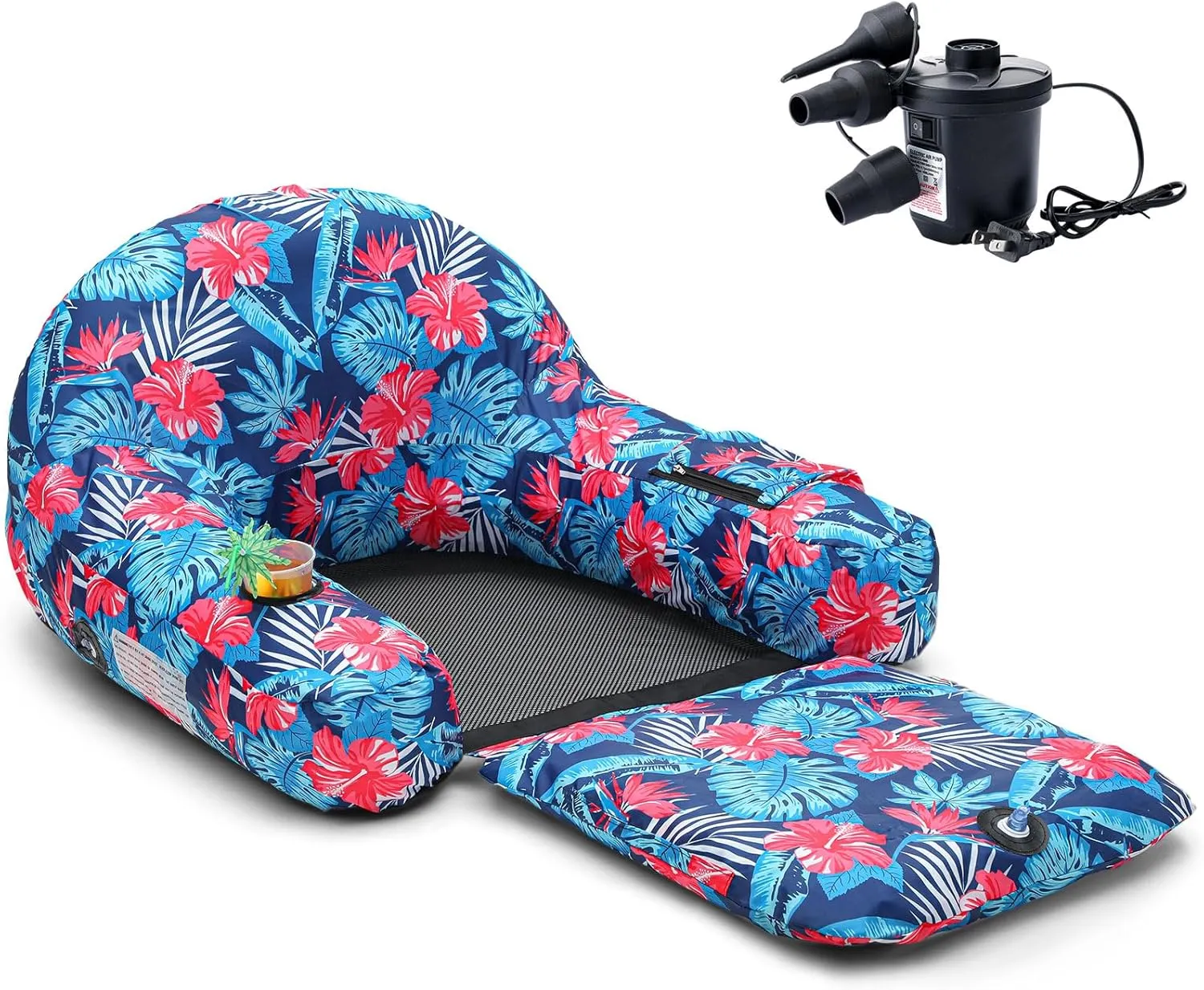 Electric Air Pump Fabric Covered Pool Float Lounge for Adults 2 in 1 Convertible Chair Lounger Large Inflatable Pool Rafts Heavy Duty Float Mattress with Quick Dry dropstone indict Cover, 
