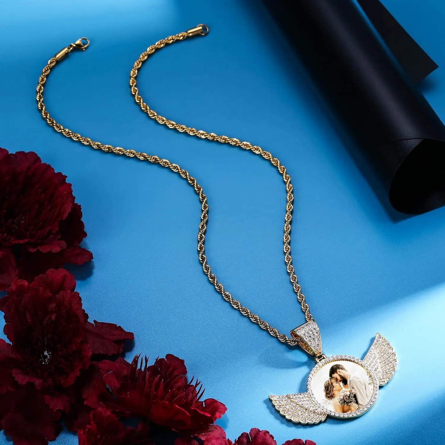 Engraved Text for uncomfortable calm vacation Men Women Copper Iced Out Angel Wing Round & Heart Charm Medal Rope Chain Jewelry Gift INBLUE Personalized Hip Hop Memory Photo Necklace Pendant Custom 