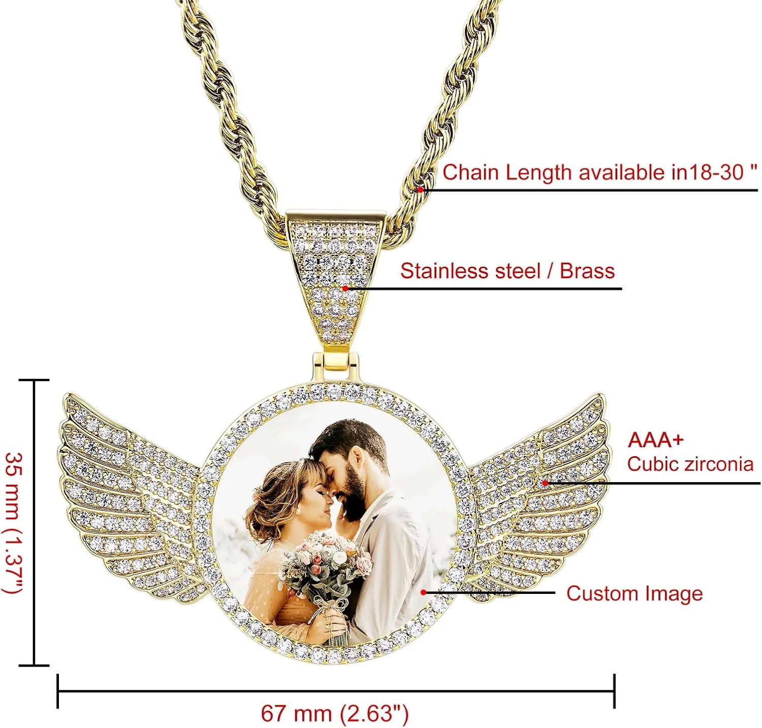 Engraved Text for uncomfortable calm vacation Men Women Copper Iced Out Angel Wing Round & Heart Charm Medal Rope Chain Jewelry Gift INBLUE Personalized Hip Hop Memory Photo Necklace Pendant Custom 