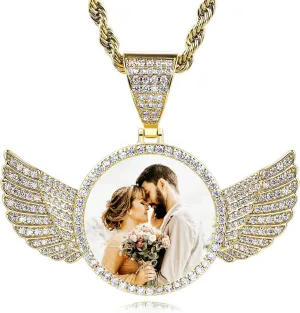 Engraved Text for uncomfortable calm vacation Men Women Copper Iced Out Angel Wing Round & Heart Charm Medal Rope Chain Jewelry Gift INBLUE Personalized Hip Hop Memory Photo Necklace Pendant Custom 