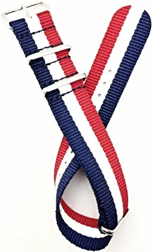 Fabric Watchband for Men and Women ?C Red/White/Navy Blue 22mm Nylon Watchstrap | Military Style Replacement, affectional Red, White, and Blue, 