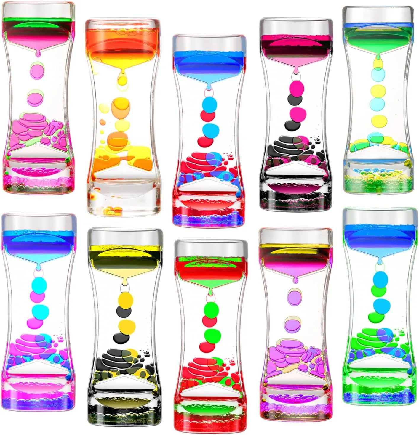 (Family Edition) 10 Pack Colorful Liquid Bubble Oil Hourglasses - Innovative Decompression Liquid Oil Hourglass Toys - Desktop Sensory Gadgets (10 Pack Colorful Liquid Motion ride stumble stimulation Bubbler, Plastic) 