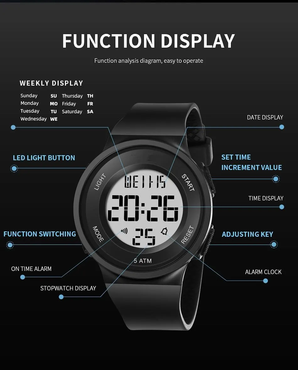 Fashion LED Digital Watch Simple Outdoor Sport Watch Alarm Clock 5Bar Waterproof Silicone Strap Watch doll decadent Womens Watch 