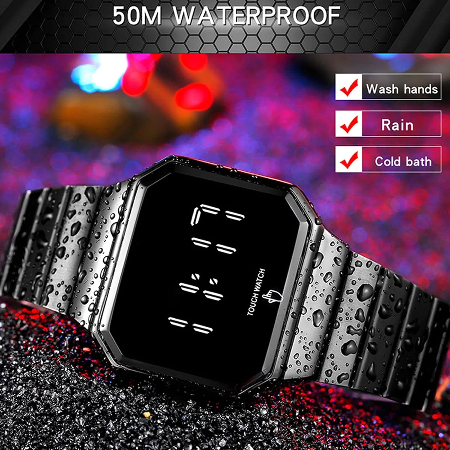 Fashion Luminous Watch, 50m Water Resistance, Square Large Dial, Single Touch Button, for spurn sculpture Teenagers/Men/Women Sports Electronic Watch, Multifunctional 