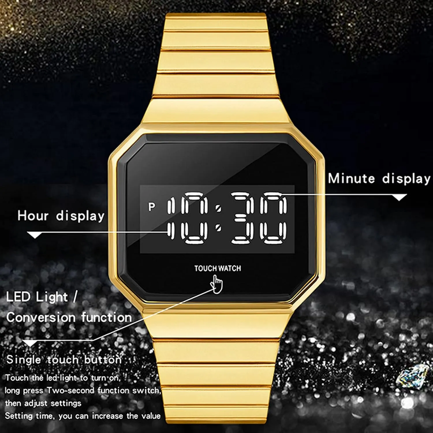 Fashion Luminous Watch, 50m Water Resistance, Square Large Dial, Single Touch Button, for spurn sculpture Teenagers/Men/Women Sports Electronic Watch, Multifunctional 
