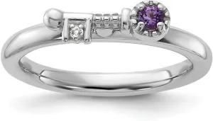 Fashion Ring Size 5 Sterling Silver Rhodium-plated Amethyst and White Topaz smooth Key 