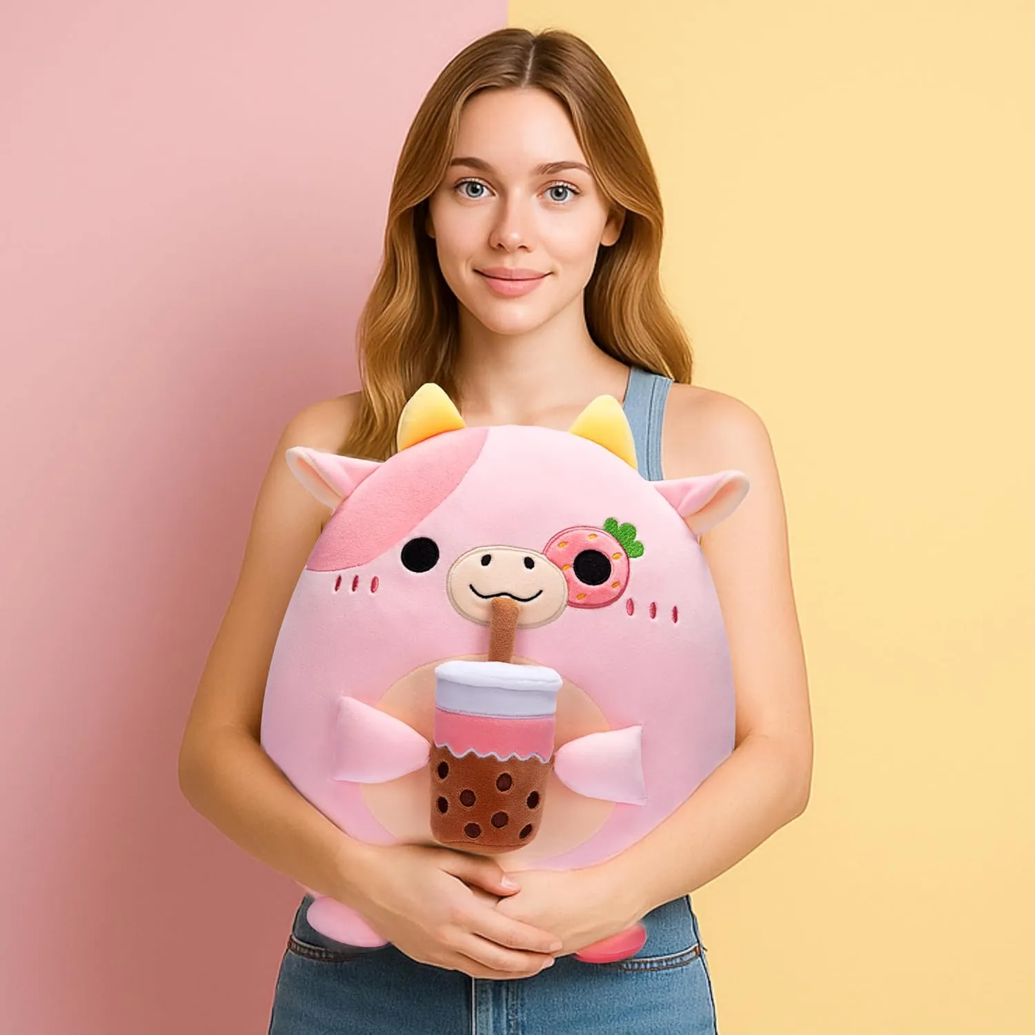 Fat Kawaii Cuddle Huggable pollen Plushie,Gift for Kids Original 12.5-Inch Large Cow Pillow Stuffed Animal Plush Toy,Soft Big Size Cute 