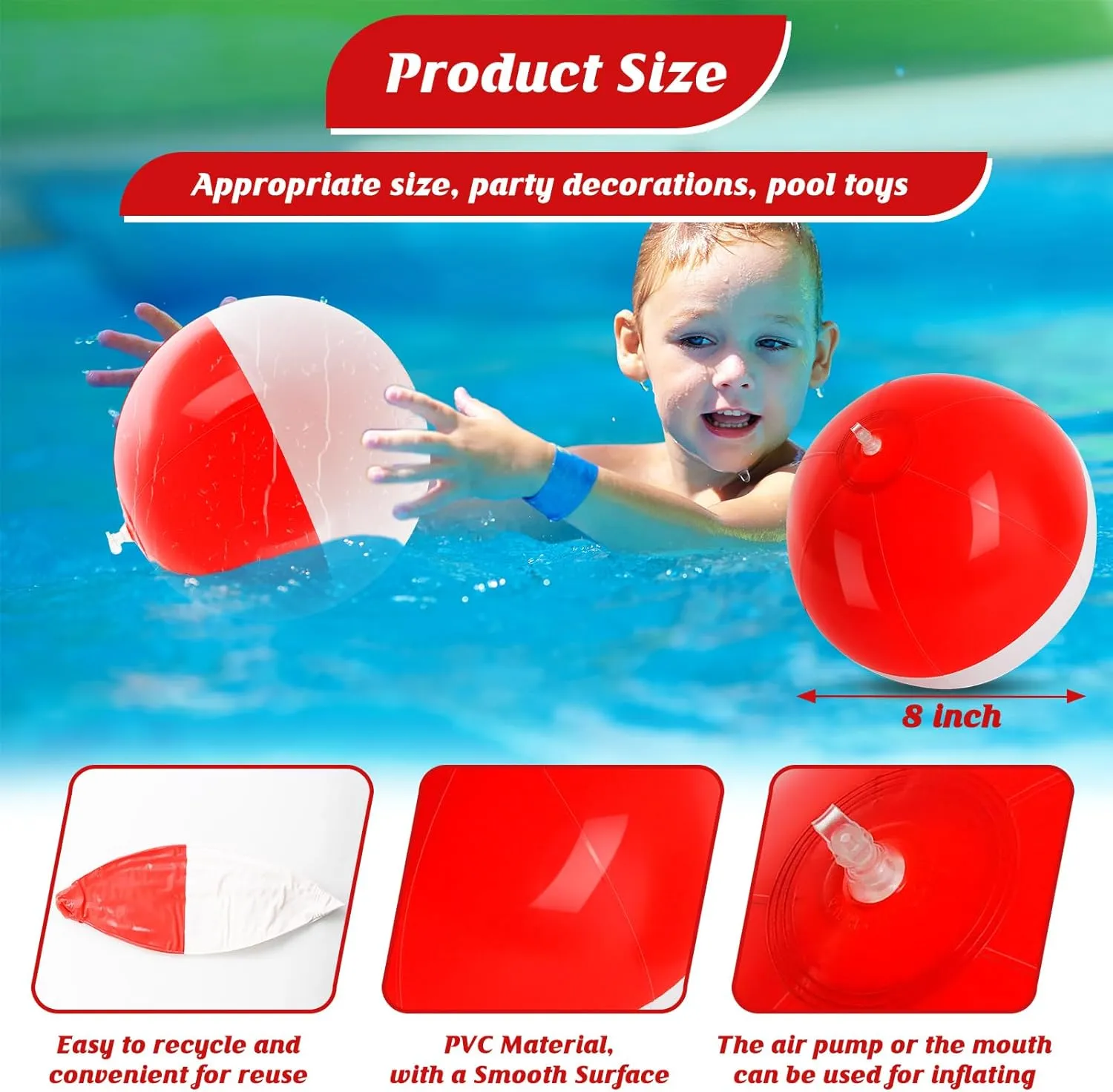 Favors,Beach-Themed Events 12PCS Beach Ball Set-8 Inch Vibrant Red & White-Themed Inflatable Balls for Kids' durability drench Cartoon Birthday Parties, Summer Pool Games, Animated Decorations, Bulk Party 
