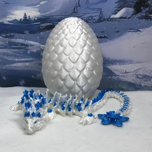 Fidget Toy Executive Desk Toy D017-WB Articulated bilateral Dragon with Dragon Egg, 12" 3D Printed White and Blue Cherry Blossom Dragon, 