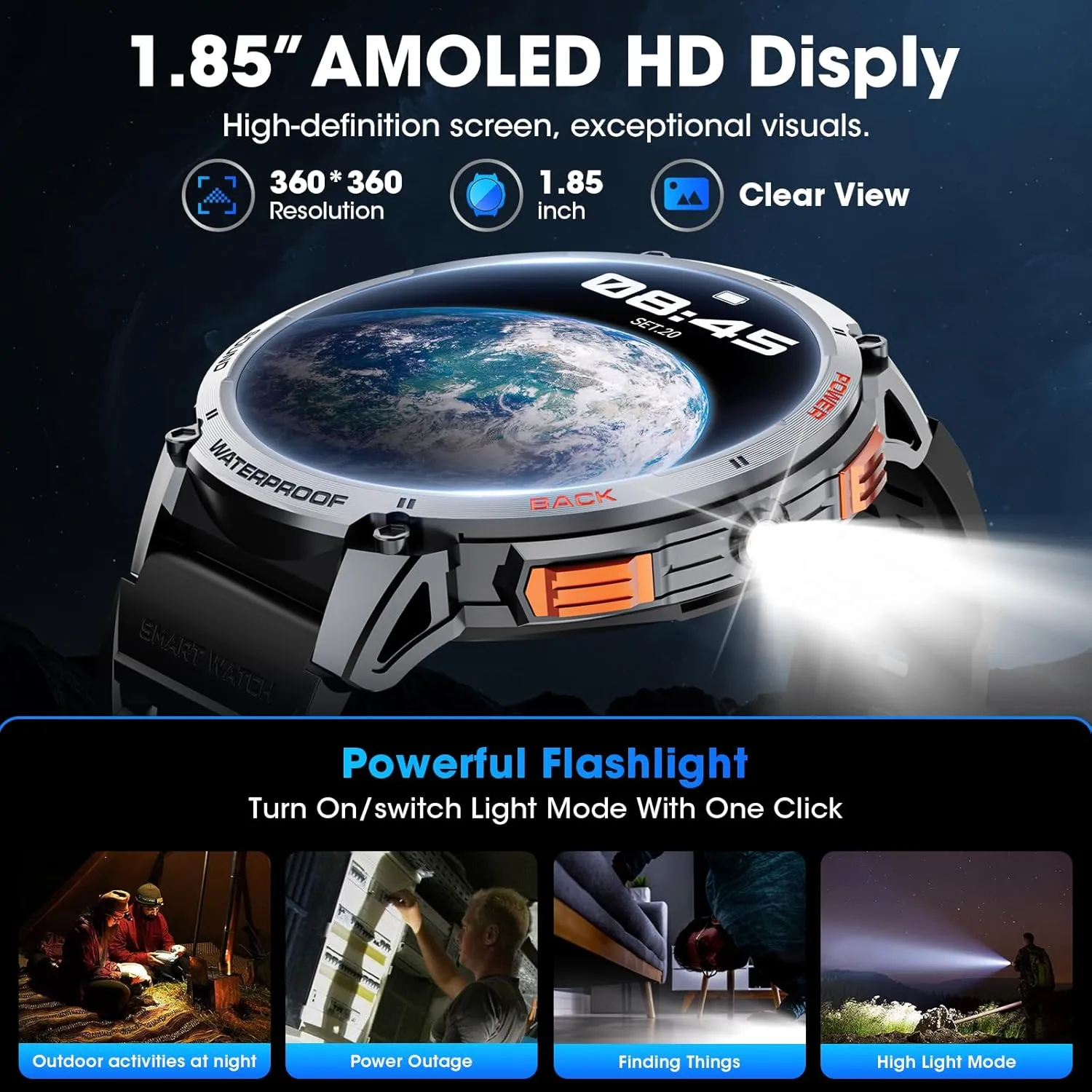 Fitness Tracker with Heart Rate Blood Military Smart Watch for Men 1.85" HD Touch Screen 730mAh briefly Battery Smart Watches with LED Flashlight for Android iOS ??Bluetooth Call Answer/Dial Calls?? 