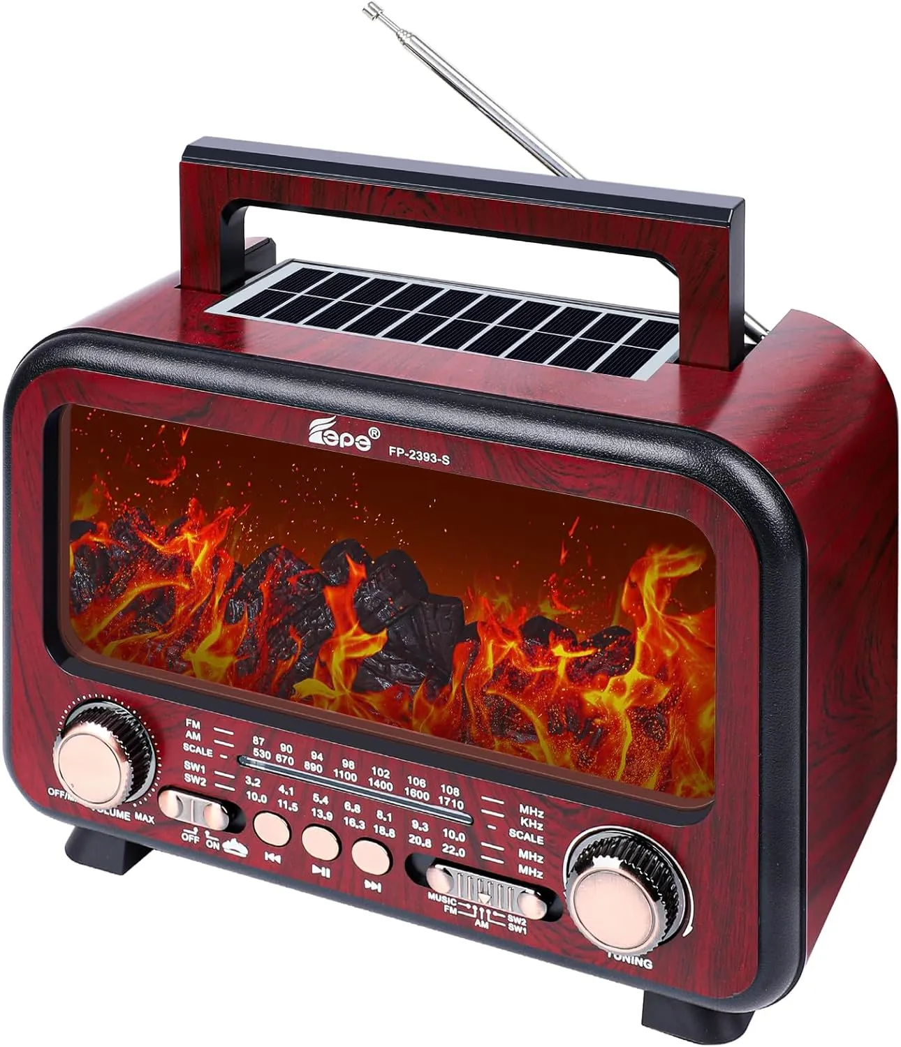 FM SW Shortwave Radio with Bluetooth Speaker$Flame Atmosphere ambiguity Lamp Battery Operated$SUB Charging$ TF Card (Maroon) Retro Portable Radio AM 