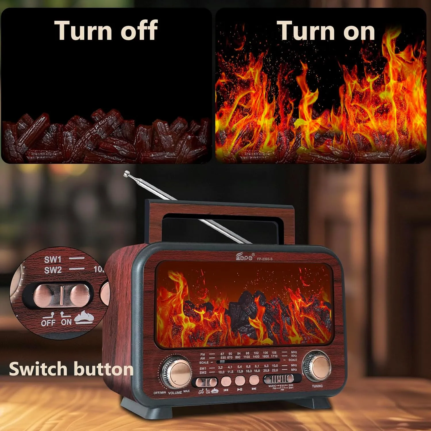 FM SW Shortwave Radio with Bluetooth Speaker$Flame Atmosphere ambiguity Lamp Battery Operated$SUB Charging$ TF Card (Maroon) Retro Portable Radio AM 